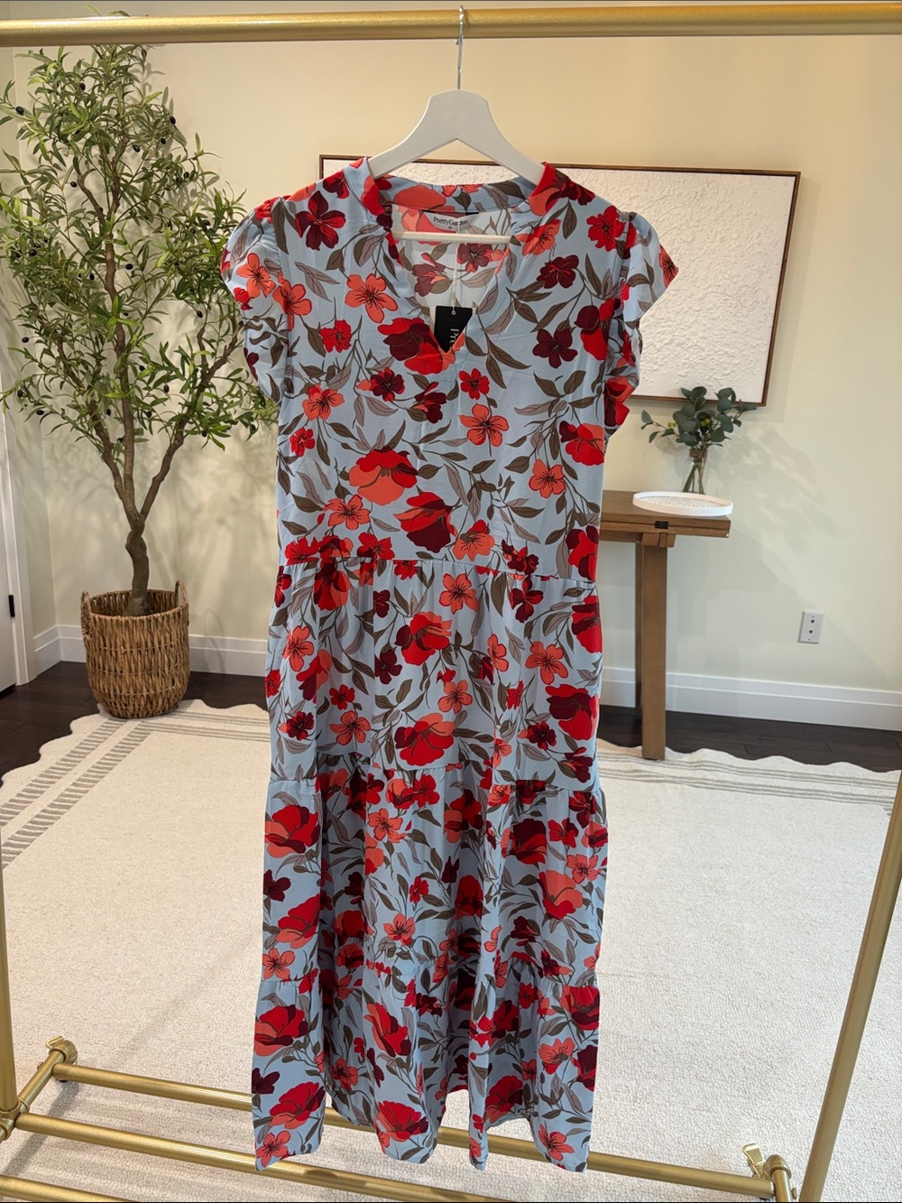 V-Neck Red Floral Tiered Maxi Dress on Light Blue